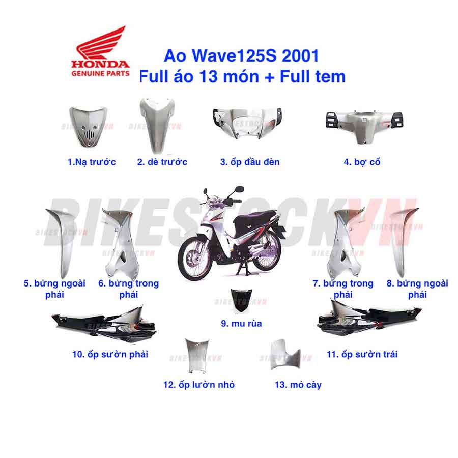 FULL BỘ ÁO 13 MÓN + FULL TEM WAVE125S 2001 (FU 1)